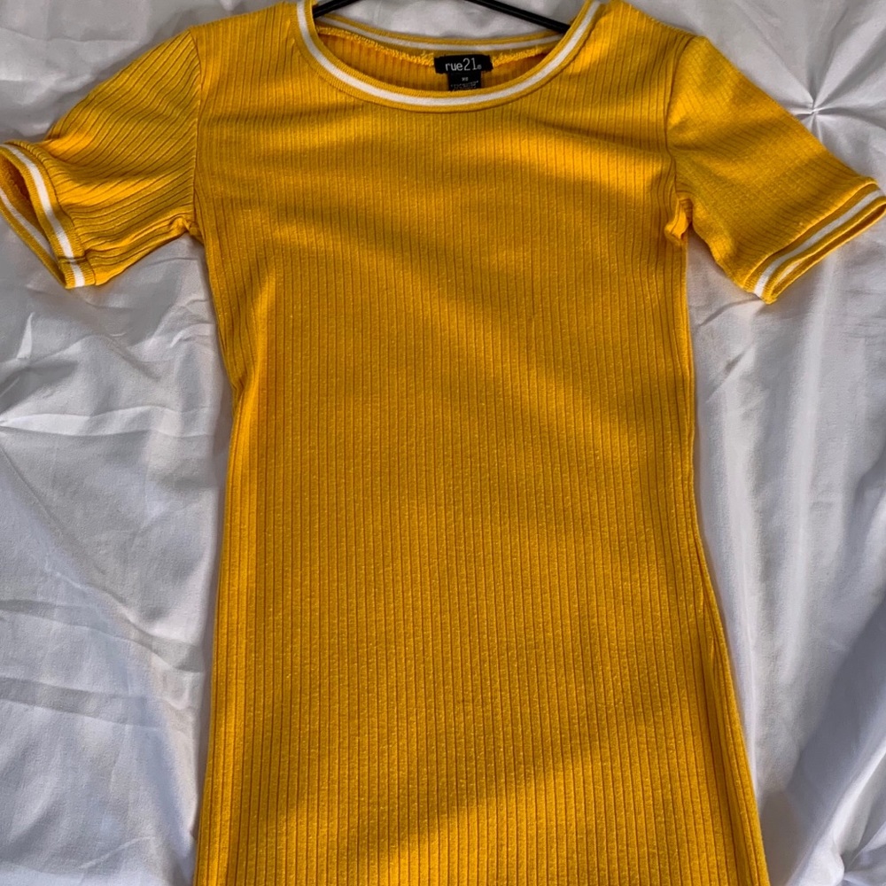 Yellow Ribbed Knit Ringer T Shirt Dress
